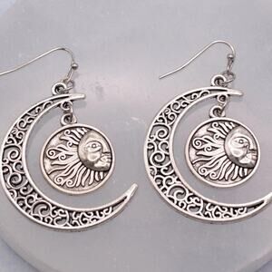 Silver Filigree Crescent Moon & Sun Dangle Earrings